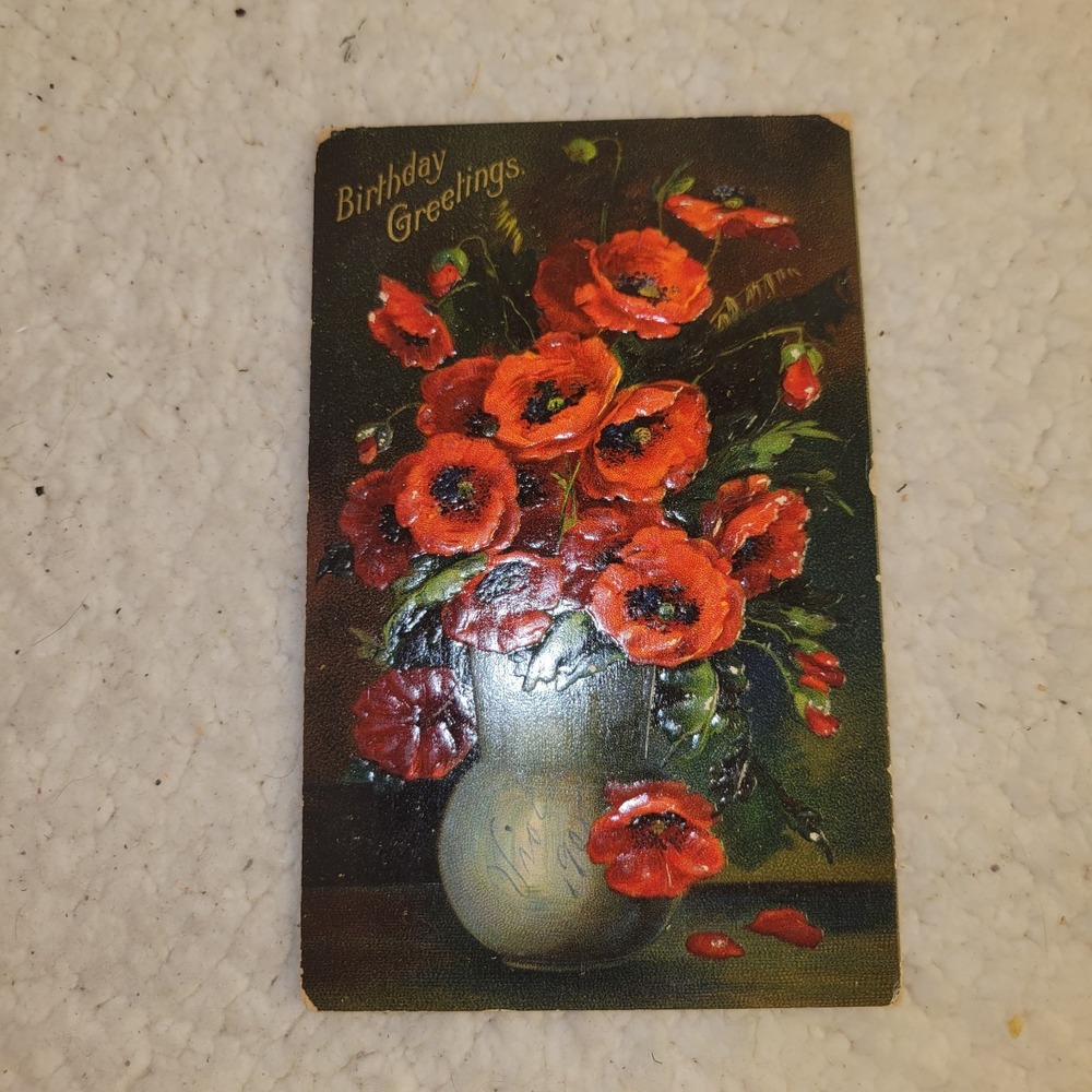 Vintage Postcard Birthday Greetings 1908 Red Poppies Brooklyn NY Fair Antique